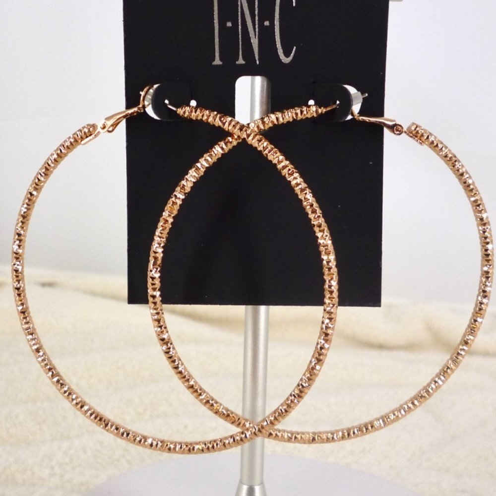 INC Hoop Earrings Textured Rose Gold Plate 3 1/4" NOC Perfect MSP $22.50 M610